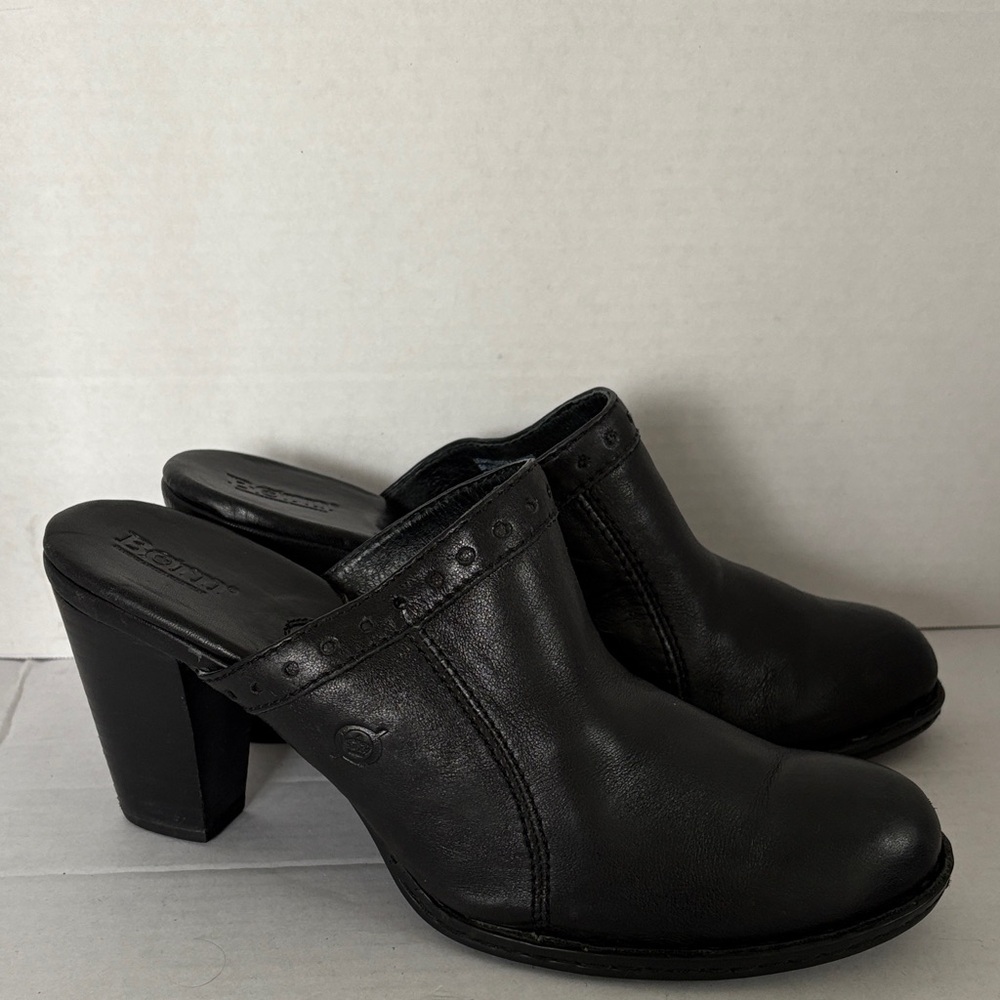 Born Black Leather Block Heel Clog Mules